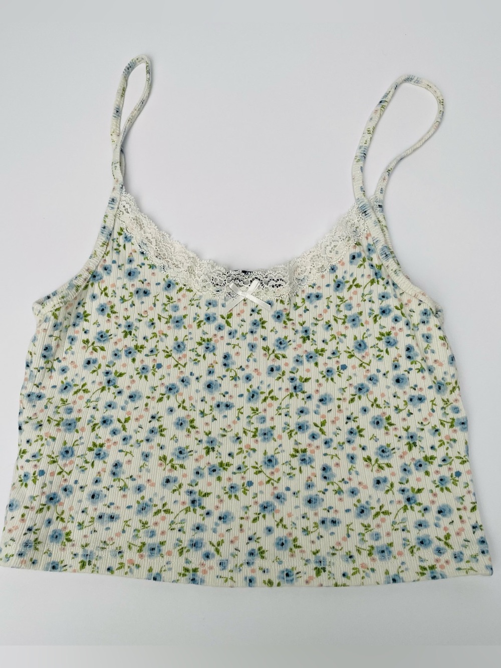 Brandy Melville Micro Floral Ditzy Lace Trim Ribbed Cropped Tank Top | Small